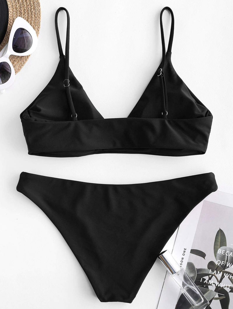 ZAFUL Women's Solid Spaghetti Strap Bralette Bikini Set Two Piece Swimsuit (1-Black, S) - Image 3